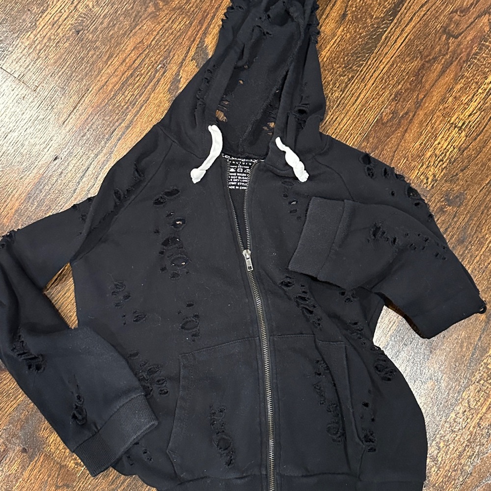 Katie J NYC Distressed Black Zip Hoodie $30
